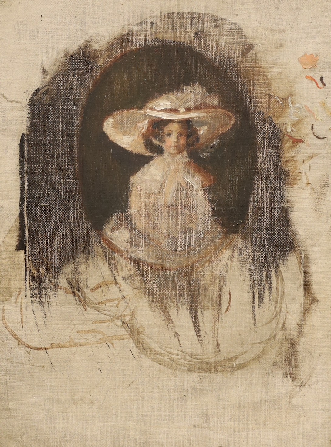 Late 19th century English School, oil on canvas, Sketch of a girl in a mirror, 39 x 29cm